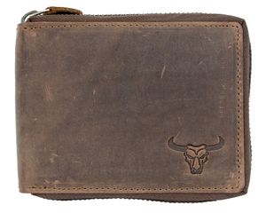 Pánska hnedá peňaženka z prírodnej kože na zips s lebkou býka