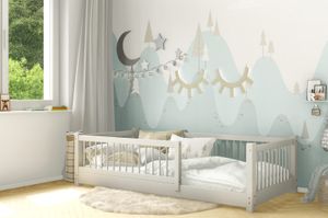 AXEL Kinderbett aus Kieferholz mit Schutzgitter Holzbett Grau 100x200 Beinhöhe 3 cm