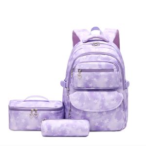 Školský batoh pre dievčatá 3 ks s obedovou taškou s ceruzkou, priedušná ľahká školská taška pre dospievajúce dievčatá, fialová