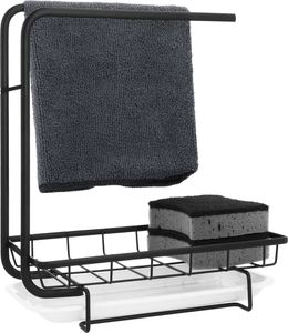 QUVIO Spülenorganisator - Küchenorganisator - Metallorganisator - Schwarz - Weiß - 14 x 23,5 x 26,5 cm