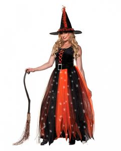 Hexenkostüm mit LED Schwarz-Orange für Halloween & Fasching Größe: L
