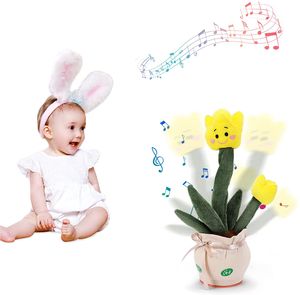 Tanzender Tulpe Elektrisches Plüschtier, USB-Aufladung Singender und Sprechender Tulpe Blumen Kuscheltiere mit 120 englischen Liedern, Plüsch Spielzeug Geschenk für Jungen, Mädchen, Gelb