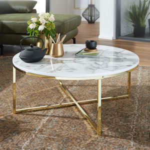 WOHNLING Couchtisch 80x36x80 cm mit Marmor Optik Weiß | Wohnzimmertisch mit Metall-Gestell | Sofatisch Rund Tisch Wohnzimmer | Beistelltisch
