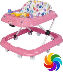 Lauflernhilfe Baby Walker Lauflernwagen Gehfrei Kindersitz Höhenverstellbar mit Spielzeug Funktionen Lenkrad und Hupe Pink