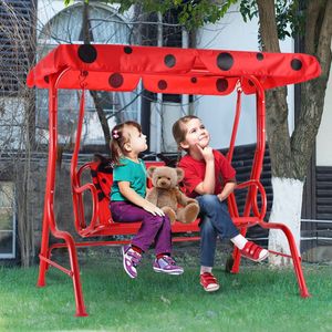 COSTWAY 2-Sitzer Kinder Hollywoodschaukel Marienkäfer mit Sonnendach Kinderschaukel Gartenschaukel Gartenliege Gartenbank Rot