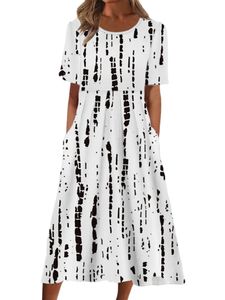 Sommerkleid Damen Midikleid Blumendruck Lang Kleid Rüschen Loses A-Linie Strandkleid Weiß schwarz,Größe:L