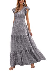 Damen Maxikleider Kurzarm Langkleid Feiertag Floraldruck Maxi Kleider Lässig V-Ausschnitt Sommer Strand Sund., Farbe:Grau, Größe:M