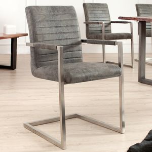 Freischwinger Stuhl LOFT Vintage grau mit gepolsterten Armlehnen und Edelstahlgestell Esszimmer Stuhl