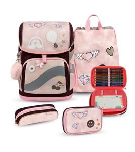 Belmil Premium ergonomischer Schulranzen Set 5 -teilig für Mädchen 1-4 Klasse Grundschule/Brustgurt, Hüftgurt/Magnetverschluss/sonstige Muster/Rosa (405-51/P Glam)
