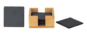 Schiefer Untersetzer Set (6 Stück) inkl. Holzbox – Dekorative Untersetzer aus 100% Natur Schieferplatten 10x10 cm Materialstärke 4-6 mm