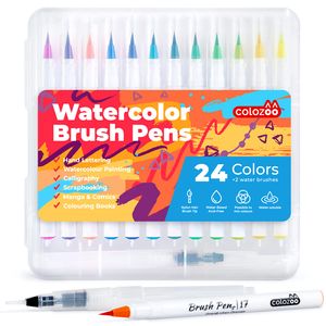 colozoo Pinselstifte Set | 24 Farben Aquarellstifte + 2 Wassertankpinsel | Brush Pens mit flexiblen Pinselspitzen für Handlettering und Kalligraphie
