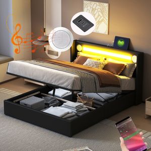 Flieks čalúnená posteľ 160x200cm s USB a Bluetooth prehrávačom, posteľ s boxovou pružinou, manželská posteľ s LED a lamelovým roštom, úložná posteľ pre mladých, PU, čierna