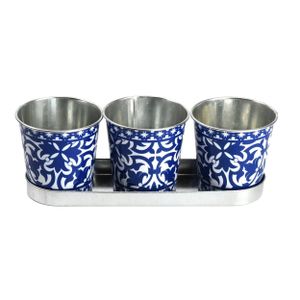 Esschert Design Portugiesisches 3er Topfset auf Tray, Blumentopf, Ø 7 x H12 cm, blau-weißes Design, Pflanzentopf