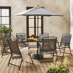 sweeek - Garten-Essgruppe aus Stahl mit Tisch, 6 Sesseln und Sonnenschirm - Grau