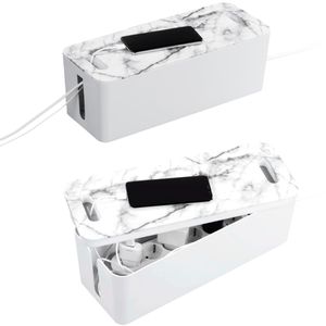 Hama Kabelbox zum Verstecken von Kabeln und Steckdosenleisten (Kabelmanagement für Schreibtisch und TV, Box mit Kabelführung im Deckel für Handy, integr. Kabelführung weiß, Marmor-Muster