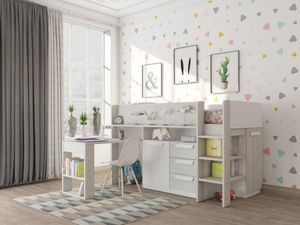 Hochbett mit Schreibtisch & Stauraum - 90 x 200 cm - Naturfarben & Weiß - LOUKALA