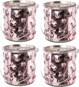 4er Set Glas Windlicht mit Sternmotiv und Henkel rosa