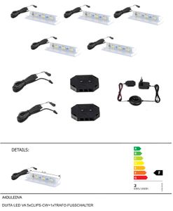 Homeface DUITA LED VA Glasbodenbeleuchtung 5er Set LED CLIPS Kaltweiss inkl. LED Netzteil 12V (5er Set - Kaltweiss 6500K)
