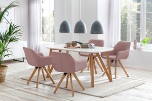 SalesFever Essgruppe 5-tlg. | 180 x 90 cm | Tischplatte weiß + Gestell Eiche | 4x Stuhl Textil rosa + Beine Eiche