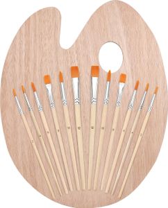 Kurtzy Pinselset mit Mischpalette aus Holz (12 Pinsel), Malpinsel Set mit Ovaler Holz Palette - Malpinsel Künstlerpinsel für Wasserfarben,