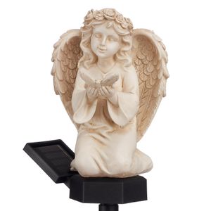 Engel Figur mit Solar LED Licht, aus Kunststein gefertigt, inkl. Erdspieß, ca. 43 cm hoch, wetterfest, ideal zur Deko im Garten als Gartenstecker oder als Grabschmuck