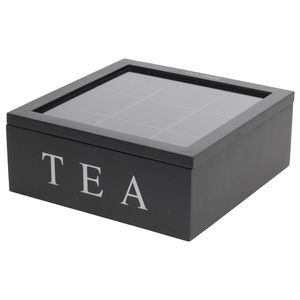 Teebox Holz Schwarz Deckel 9-Fächer mit Aufschrift TEA