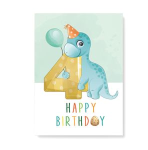 Friendly Fox Geburtstagskarte für Kinder, 4. Geburtstag, Dino Glückwunschkarte zum Kinder Geburtstag, A5 Happy Birthday Karte mit Umschlag