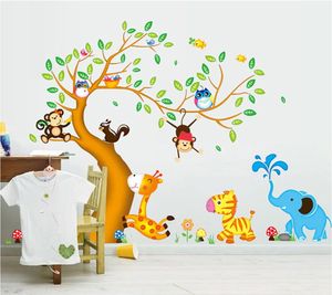 Cartoon glücklich Tier Baum mit Eule Affen Zebra Giraffe Wandsticker, Babyzimmer Kinderzimmer Entfernbare Wandtattoos Wandbilder