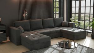 U-Form Sofa ANTONIO JOSUA 320x160x78 cm, Wohnlandschaft mit Schlaffunktion & Bettkästen, Eckarniutur / Couch in Samt - Dunkelgrau