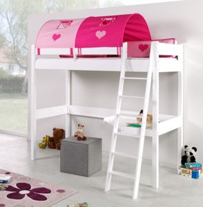 Hochbett RENATE Multifunktionsbett mit Schreibtisch Bett Weiß Stoffset Pink/Herz, Matratze:mit