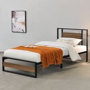 Kovová posteľ 90x200 cm Oceľový rám Čierna drevotriesková doska Orechový vzhľad Rám postele [en.casa]