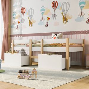 Merax Kinderbett  90x200cm Kinderhaus Hausbett mit Rausfallschutz, Lattenrost & 2 Schubladen in Kiefer, Mädchen Jungen Bett, Weiß
