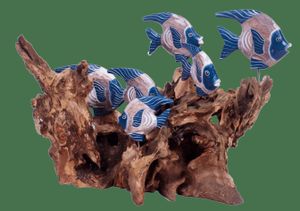 Caldine Skulptur "6 Fische auf Holzwurzel" Teakholz Maritim Figur Fisch Nordsee Ostsee