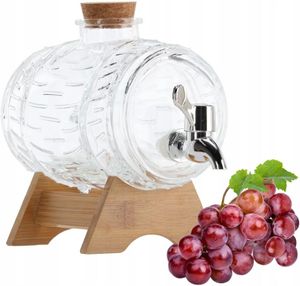 1L Glas Fass mit Hahn für Wein Saft Limonade Wasser mit Holzständer Glasfass Fässchen