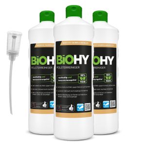 BiOHY Spezial Polsterreiniger (3x1l Flasche) + Dosierer | Ideal für Autositze, Sofas, Matratzen etc. | Ebenfalls für Waschsauger geeignet