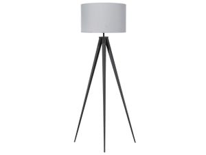Stehlampe Schwarz Metall 156 cm runder Stoffschirm in Grau Dreibeinig langes Kabel mit Schalter Modernes Design