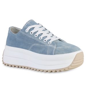 VAN HILL Damen Plateau Sneaker Schnürer Profil-Sohle Wedge Stoff Schuhe 841133, Farbe: Blau Denim, Größe: 37