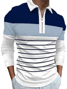 Herren Poloshirts Langarm Shirt Klassisches Fit Polohemd Oberteil Reißverschluss Sweater Blau,Größe L