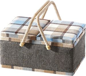 Kobolo Nähkästchen Nähkorb Nähkörbchen Nähkasten - blau kariert - Stoff - 33x23x17 cm - Weben Stricken Häkeln Box Aufbewahrung Handarbeitskorb