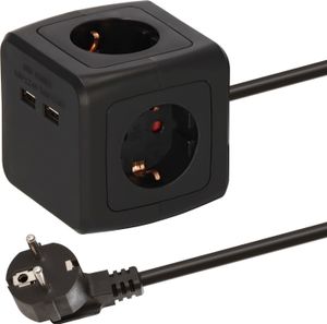 Steckdosenwürfel 4-fach mit 2x USB (Mehrfachsteckdose mit erhöhtem Berührungsschutz und 1,4m Kabel) schwarz