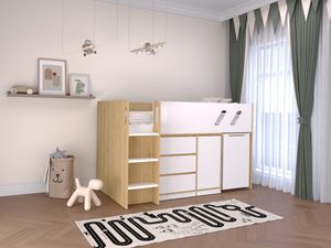 Kombi-Bett 90 x 190 cm - Mit Schreibtisch & Stauraum - Holzfarben & Weiß - SAGITI