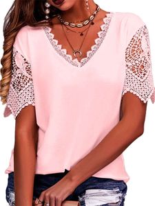 Damen Temperament Commuting Loose Lace Patchwork Top V-Ausschnitt Kurzarm T-Shirt Rosa,Größe M