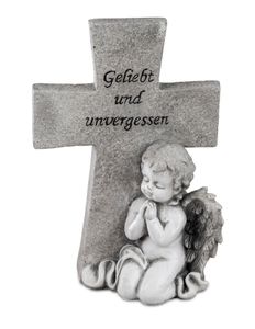 Grabschmuck Engel mit Kreuz Grabdeko Gedenkstein Grab Deko Figur Skulptur Stein