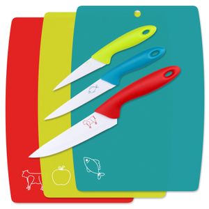 WELLGRO 3-tlg. Schneidebretter Set inkl. 3 Messer - blau, rot, grün - Kunststoff/Metall - antibakterielle Küchenbretter