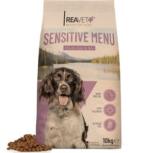 REAVET Hundefutter Trocken - Sensitive Menü Ente & Reis 10kg, Hypoallergenes Trockenfutter, Hoher Fleischanteil, Getreidefrei, Hundetrockenfutter Sensitiv