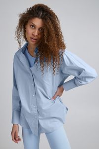 THEJOGGCONCEPT JCHELENA Damen Langarmshirt Langarmbluse Bluse Hemdbluse mit Stehkragen langer Schnitt mit Knopfleiste Oversize aus 100% Baumwolle
