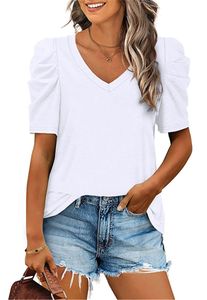 ASKSA Damen T-Shirt Sommer V-Ausschnitt Bluse Lässige Tunika Tops Puffärmel Shirts Einfarbig Oberteil , Weiß, L