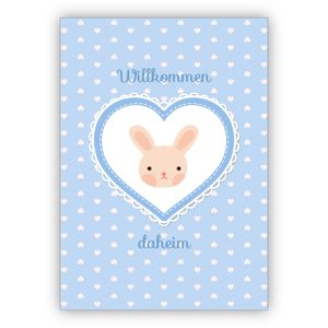 süße hellblaue Babykarte Glückwunschkarte mit Häschen im Herz für Baby Jungen zur Geburt: Willkommen daheim
