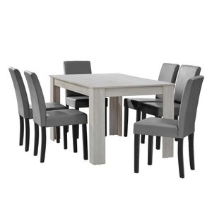 [en.casa] Jedálenský stôl biely dub so 6 stoličkami svetlosivá koženka čalúnený 140x90 jedálenský set jedáleň