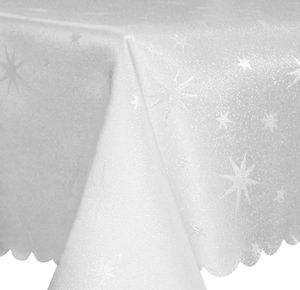 Tischdecke 160 x 220 cm oval weiss Polyester Sterne Weihnachten Tischwäsche glänzend weihnachtlich